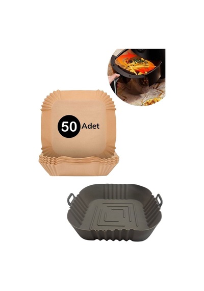 Isıya Dayanıklı Silikon Airfryer Gri Kare Pişirme Matı 20 Cm Ve 50 Adet Pişirme Kağıdı Plastik Bey Diğer