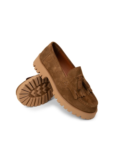 Deery Kadın Hakiki Süet Taba Renkli Püsküllü Loafer - 02033ztbac01