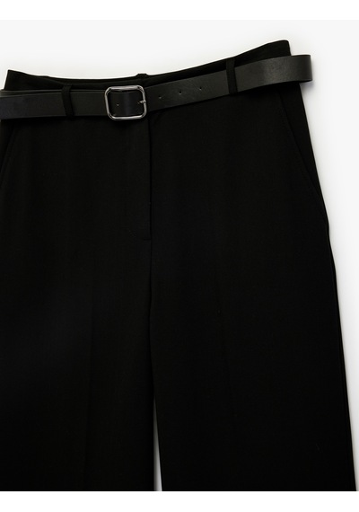 Koton Straight Fit Cepli Düz Bol Paça Kemerli Kumaş Pantolon Siyah 6sak40073ew Siyah