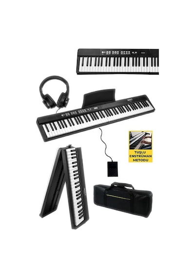Midex Plx-80bkst Taşınabilir Katlanır Dijital Piyano Tuş Hassasiyetli 88 Tuş Bt Stand Sustain Kulaklık Çanta Metod
