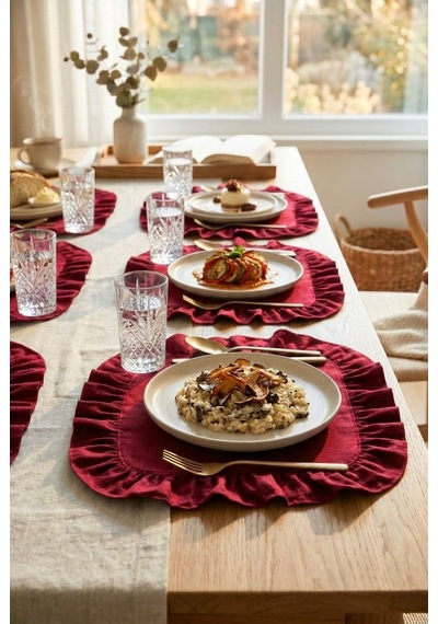 Pamuklu Fırfırlı Kare Supla 6'lı Set Amerikan Servis 33 Cm Supla Bordo