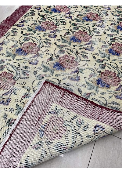 El Dokuma Eskitme 145X240 Kırmızı Mavi Güllü Vintage Yün Halı ! Kırmızı