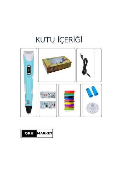 Mavi 3D Kalem 3D Pen Yazıcı Kalem – 20 Adet 5 Metrelik PLA Filament (Toplam 100M) + USB Kablo