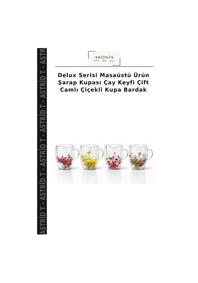 Delux Serisi Masaüstü Ürün Şarap Kupası Çay Keyfi Çift Camlı Çiçekli Kupa Bardak Çok Renkli