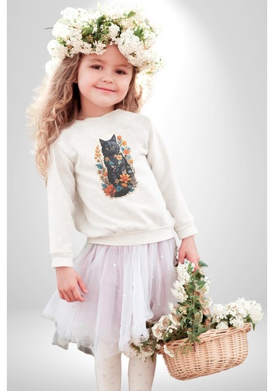Çiçekli Siyah Kedi Etiket Unisex Beyaz Baskılı Sweatshirt Beyaz