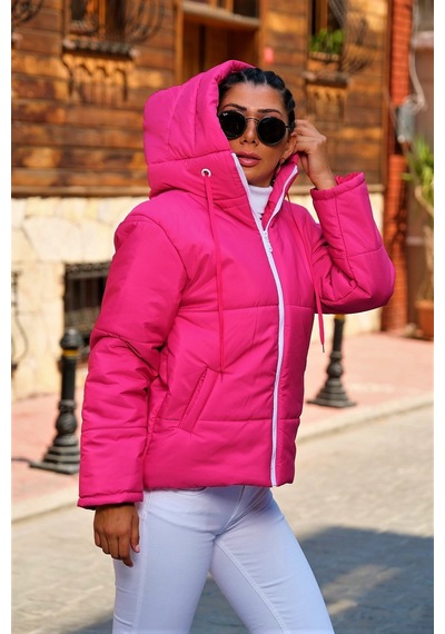 Keyifli Moda Kadın Fuşya Su Geçirmez Kapüşonlu Şişme Mont