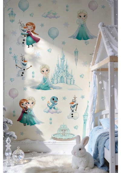 Karlar Ülkesi Temalı Duvar Sticker Seti 84 Parça Elsa, Anna, Olaf Buz Şatosu Çocuk Odası Sticker Dijital Baskı