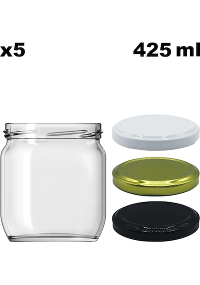 Afracam 425 Ml Metal Kapaklı Şeffaf Cam Kavanoz 5 Adet Siyah