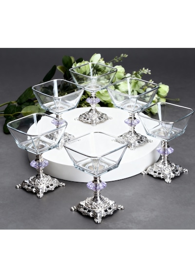 Çnr Home Collection Kare 6 Parça Döküm Ayakli Sunum Seti Magnolia Dondurmalik Cup Çerezlik Gümüş