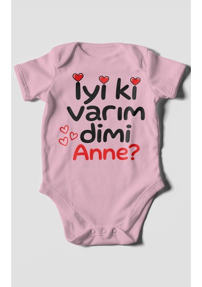 Morivokids İyi Ki Varım Dimi Anne Kısa Kollu Bebek Body %100 Pamuk Koyu Pembe