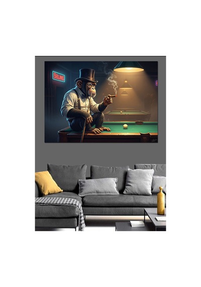 Bilardo Salonunda Sigara İçen Maymun Yağlı Boya Dokulu Kanvas Tablo Canvas Tablosu