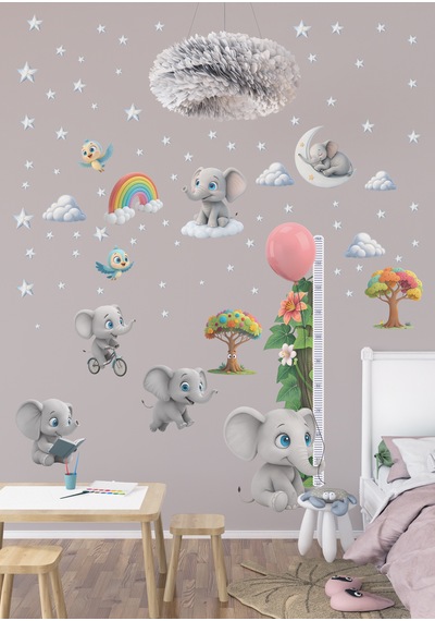 Fil Temalı Boy Ölçerli Duvar Sticker Seti - Mat, Sökülebilir, Çocuk Odası Dekoru 010 - Mat Beyaz