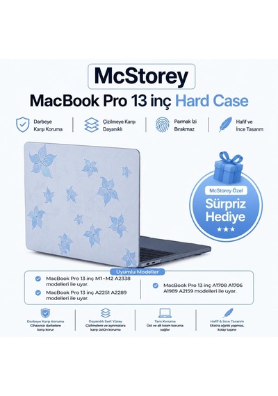 Macbook Pro 13 Çiçek Desenli Kılıf A1706 A1708 A1989 A2159 A2251 A2289 A2338 M1 M2 Uyumlu Baskılı Sert Kılıf İnce Hafif Koruyucu Kapak Açık Mavi Belirtilmemiş