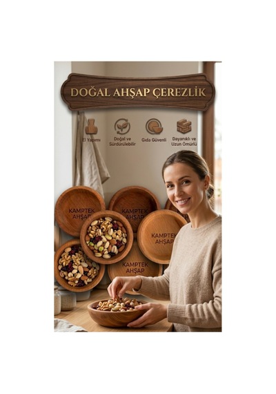 Kamptek Ahşap Çerezlik Set - Doğal Ahşap Meşe Sunum Kasesi Çerezlik Sunumluk Kase Çok Amaçlı Kahverengi