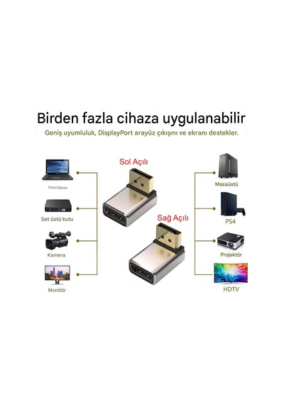 Display Port 8k Uhd 90 Derece Sağ Ve Sol Açılı Dişi Erkek 2'li Set