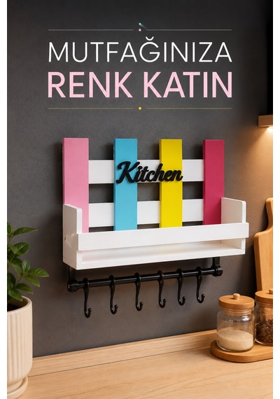 Dekoratif Kitchen Mutfak Rafı Baharatlık Ve 6 Kancalı Duvar Askısı Diğer