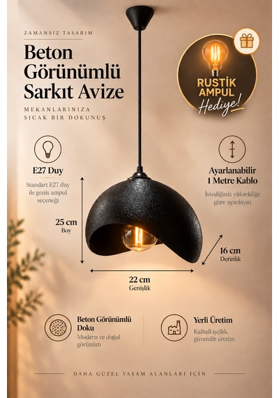 Beton Görünümlü Tekli Sarkıt Avize Dokulu Modern Bohem İskandinav Salon Mutfak G95 Rustik Led Ampul Hediyeli Siyah