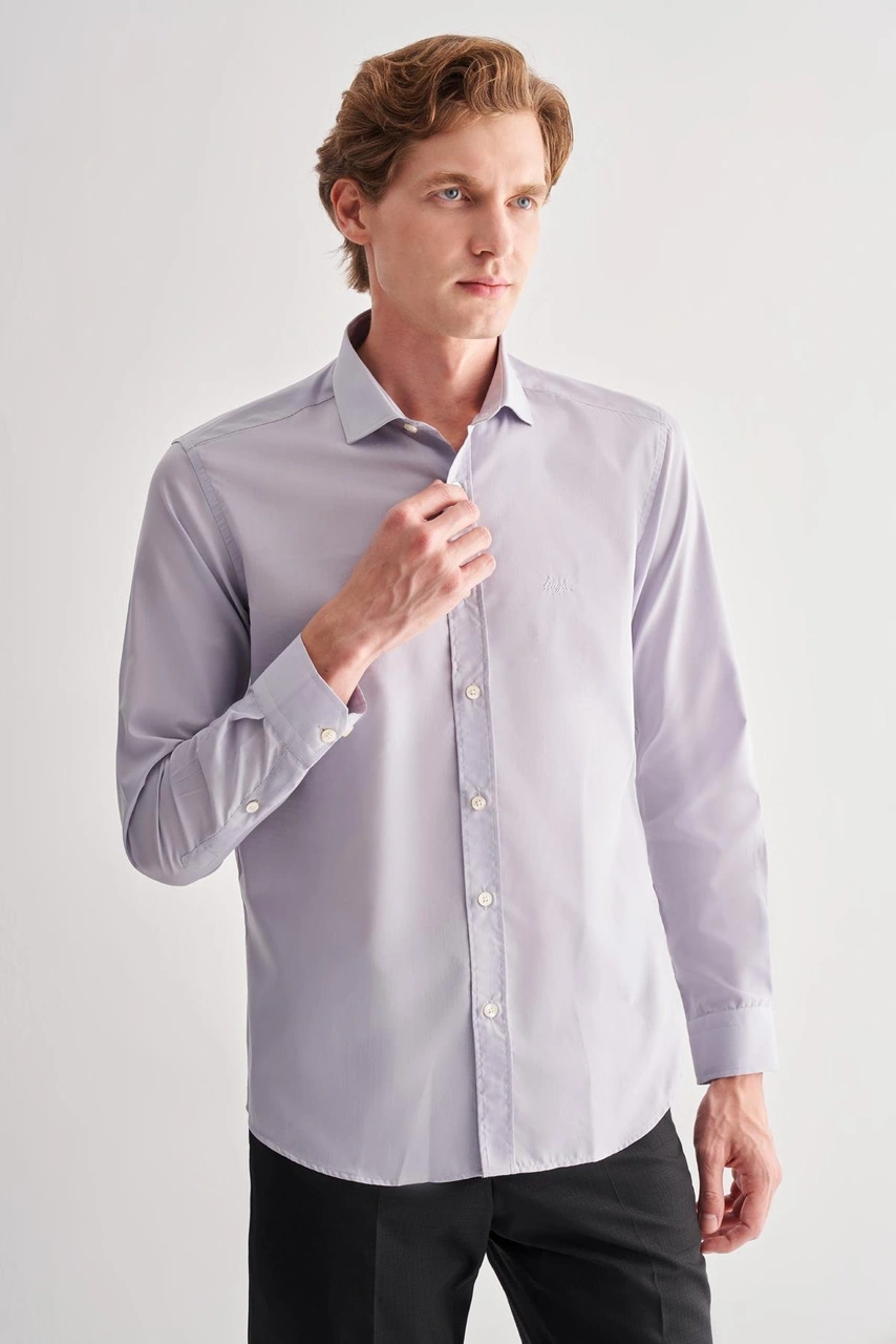 İmza Gri Yarım İtalyan Yaka Uzun Kol Slim Fit Pamuklu Gömlek 1004255180 Gri