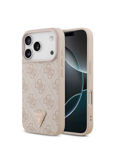 Apple iPhone Uyumlu 18 Pro Kılıf Guess Lisanslı M-safeli Pu Deri Taşlı Üçgen Logo 4g Desenli Strass Kapak Pembe