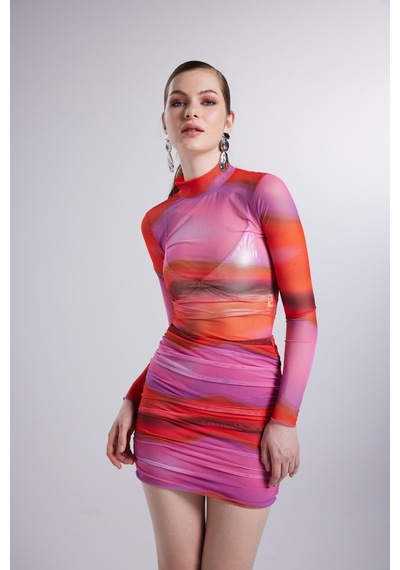 Holly Lolly Balıkçı Yaka Astarlı Mini Çok Renkli İkili Inferno Takım Pembe