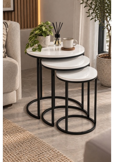 Sulorahome 3'lü Beyaz Zigon Sehpa Seti Siyah Metal Ayaklı