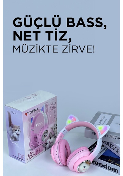 Hd11 Siyah Sevimli Kedi Karükatür Kulak Led Işıklı 5.3 Bluetooth Kulak Üstü Kulaklık