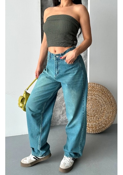 Kazax Baggy Taş Enzim Bıyık Yıkama Jeans Pantolon Yeşil Tint D2007 Yeşil