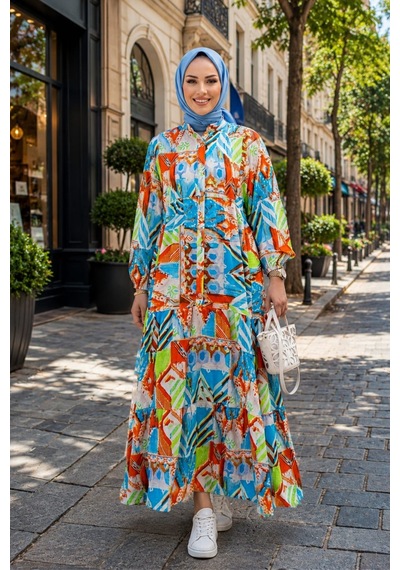 Hb Harma Time Butik Kadın Düğmeli Çiçek Desenli Mavi Modal Elbise