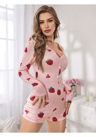 Fantezia Kadın Pembe Çilek Desenli Pijama Tulumu 5125