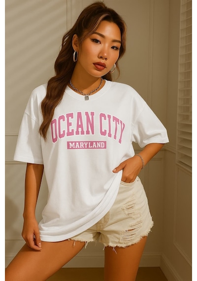 Ocean Cıty Baskılı Oversize Unisex Tişört BEYAZ