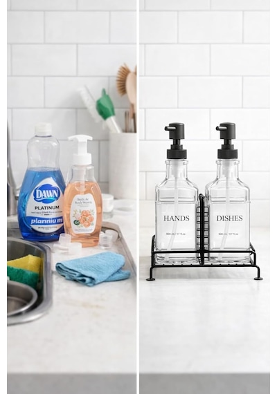 Busstier 2 Li Stantlı Siyah Sıvı Sabunluk Deterjanlık Seti Mutfak Evye Banyo Lavabo Tezgah Üstü Pompalı Dispenser Çok Renkli