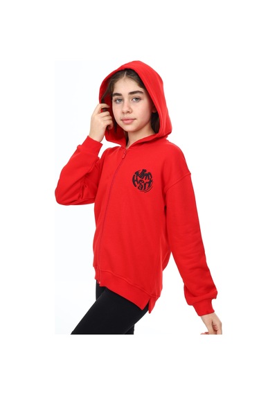 Toontoy Kız Çocuk Kapüşonlu Fermuarlı Düşük Omuz Nakış Baskılı Yırtmaç Detaylı Örme Hırka - 3 İplik Şardonsuz Kırmızı