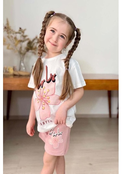 Riccotarz Kız Çocuk Üzeri Girl Yazı Ve Lale Detaylı T-shirt Pudra Şortlu Takım