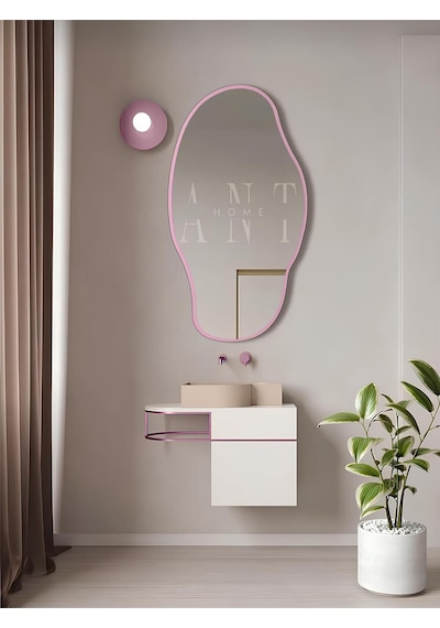 Ant Home Asimetrik 75x40 Cm Konsol Aynası, Dresuar Aynası, Tuvalet Aynası, Holl Aynası, Banyo Aynası Pembe