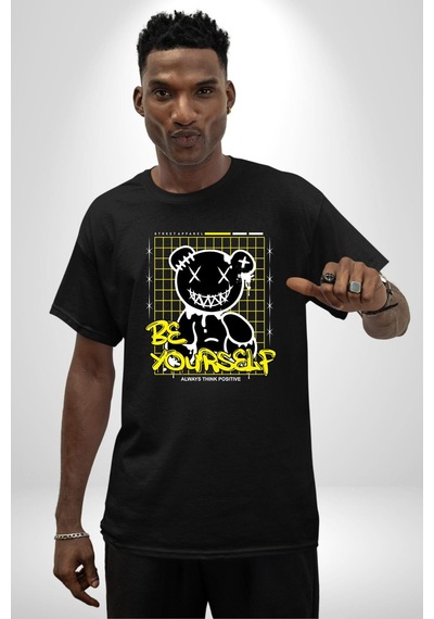 Kendin Ol Pamuklu Bisiklet Yaka Unisex Oversize Boyfriend Dijital Baskılı Siyah T-shirt Siyah