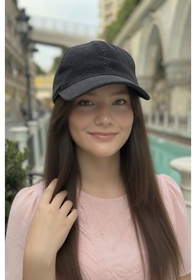 Mollycrush Kadın Mevsimlik Fitilli Kadife Siyah Şapka Günlük Ayarlanabilir Beyzbol Kep Siyah