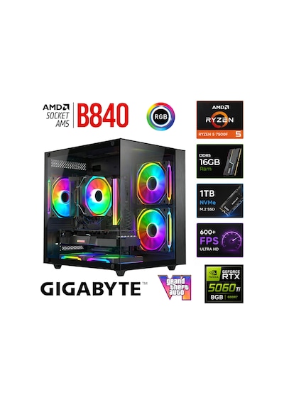 Xaser Apex X70 R5 7500F 16 GB 1 TB M.2 Nvme  SSD 8 GB RTX5060 Ti Free Dos Masaüstü Oyuncu Bilgisayarı