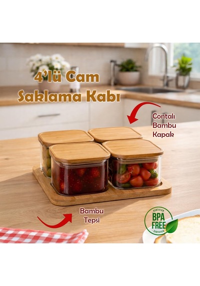 Tr Hf009009 Kare 4lü Hava Geçirmez Bambu Standlı Cam Kahvaltılık Seti Bambu Kapaklı Saklama Kabı 250ml Diğer
