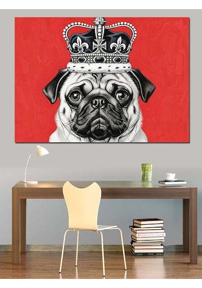Siyah Beyaz Kraliyet Taçlı Pug Köpek Kırmızı Fon Dekoratif Kanvas - Mdf Ahşap Tablo