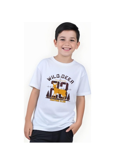 Panios Kids Hunting Club Baskılı Erkek Çocuk Yuvarlak Yaka Kısa Kollu T-shirt Beyaz