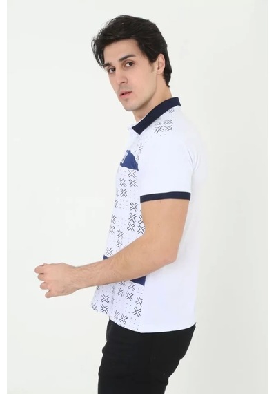 Erkek Yakalı Slim Fit Baskılı T-shirt - Beyaz Beyaz