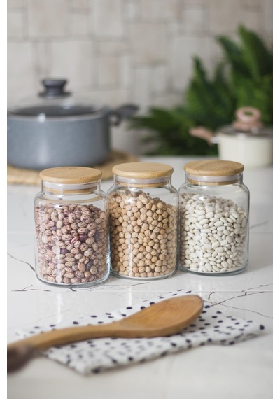 3 Lü Set Bambu Kapaklı Cam Kavanoz & Erzak Saklama Kabı 800 Ml Orta Boy Vakum Kapak Stantart