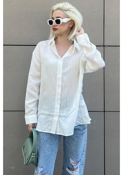 Madmext Beyaz Uzun Kollu Çizgili Oversize Gömlek Mg2080-beyaz Beyaz