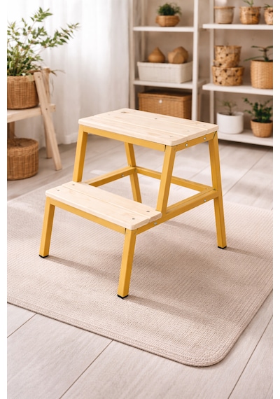 Ecowood Basamaklı Metal Tabure Bambu - Krem