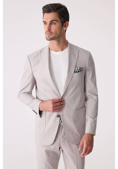 Erkek Bej Slim Fit Çizgili Torba Cep Jogger Pantolonlu Sivri Yaka