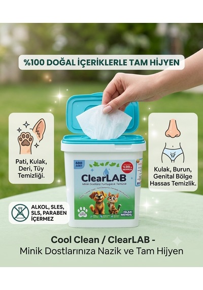 CoolClean - Evcil Hayvan Deri / Tüy / Pati / Genital bölge Islak Temizlik Mendili - 600 lü Kova Mendil