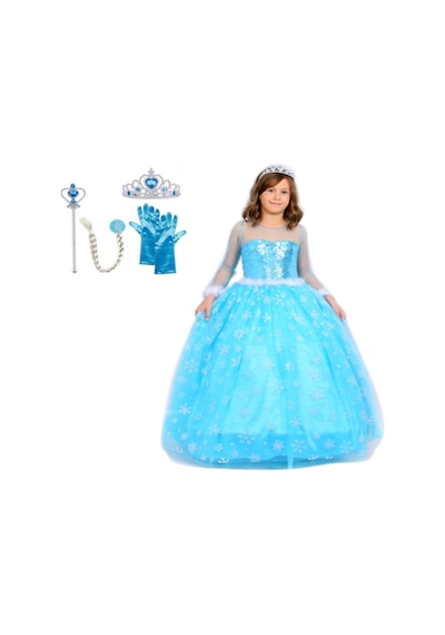 Butikhappykids Prenses Elsa Kostümü Uzun Kollu Elsa 1-12yaş Taç-saç-asa-eldiven Mavi