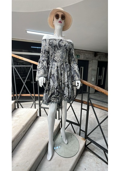 Eren Style Yapraklı Desenli Madonna Yaka İpek Elbise-10348 Gri