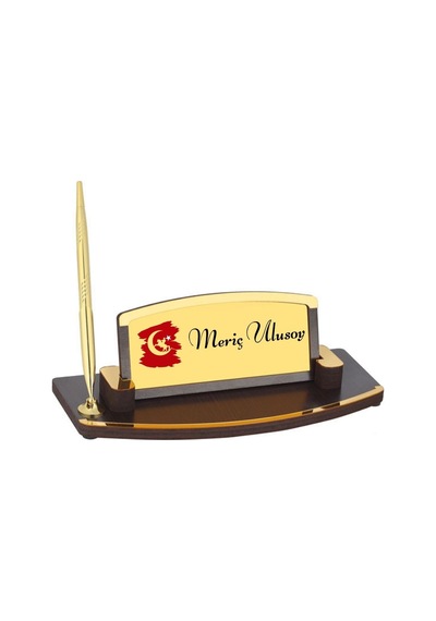 Türk Bayrağı Detaylı Lüks Ahşap Masa İsimliği Gold Kalem Setli Masaüstü İsimlik Kahverengi