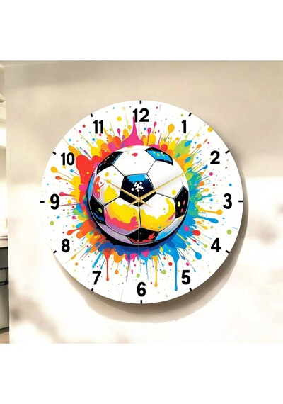 AA Shop Futbol Top Renkli Baskı Desenli Sayılı Hediyelik Ahşap Sessiz Tablo Duvar Saati 109 Renkli